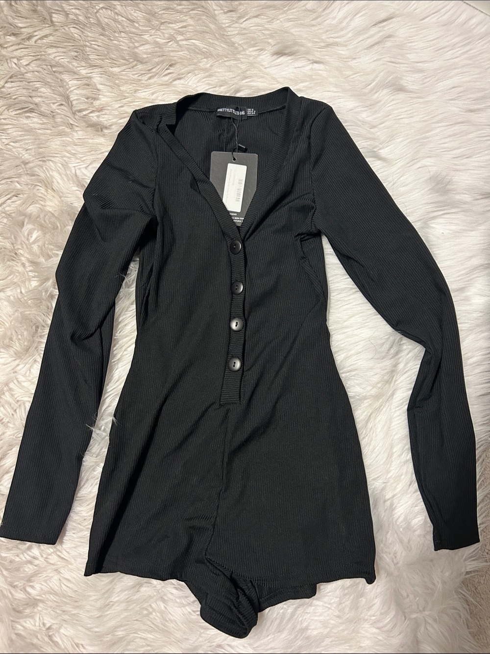 NWT PrettyLittleThing Button-Front Black Ribbed Long-Sleeve Romper